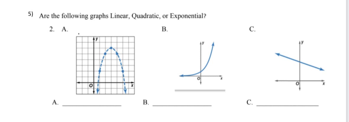 5) Are the following graphs Linear, Quadratic, or
Exponential?
2. A.
В.
С.
A.
В.
С.
