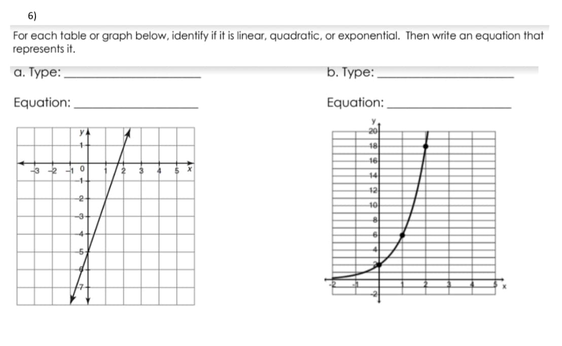 6)
For each table or graph below, identify if it is linear, quadratic, or exponential. Then write an equation that
represents it.
а. Туре:
b. Туре:
Equation:
Equation:
y
y A
20
48
46
-3
-2
2
3
14
-1-
12
-2
40
-3-
-5,
