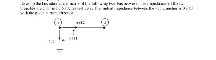 Develop the bus admittance matrix of the following two-bus network. The impedances of the two
branches are 22 and 0.5 2, respectively. The mutual impedance between the two branches is 0.3 2
with the given current direction.
292
←
0.552
↑
0.352