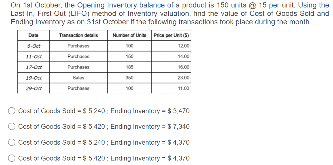 On 1st October, the Opening Inventory balance of a product is 150 units @ 15 per unit. Using the
Last-In, First-Out (LIFO) method of Inventory valuation, find the value of Cost of Goods Sold and
Ending Inventory as on 31st October if the following transactions took place during the month.
Date
Transaction details
Number of Units
Price per Unit ($)
6-Oct
Purchases
100
12.00
11-Oct
Purchases
150
14.00
17-Oct
Purchases
185
16.00
19-Oct
Sales
350
23.00
29-Oct
Purchases
100
11.00
Cost of Goods Sold = $ 5,240 ; Ending Inventory = $ 3,470
Cost of Goods Sold = $ 5,420 ; Ending Inventory = $ 7,340
Cost of Goods Sold = $ 5,240 ; Ending Inventory = $ 4,370
Cost of Goods Sold = $ 5,420 ; Ending Inventory = $ 4,370
