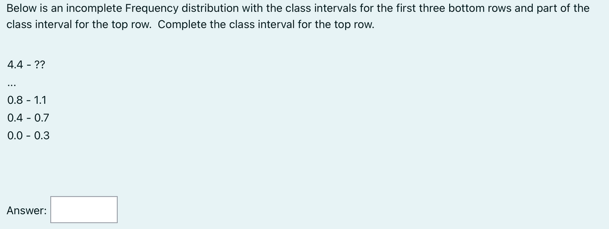 Below is an incomplete Frequency distribution with the class intervals for the first three bottom rows and part of the
class interval for the top row. Complete the class interval for the top row.
4.4 - ??
0.8-1.1
0.4 -0.7
0.0 -0.3
Answer: