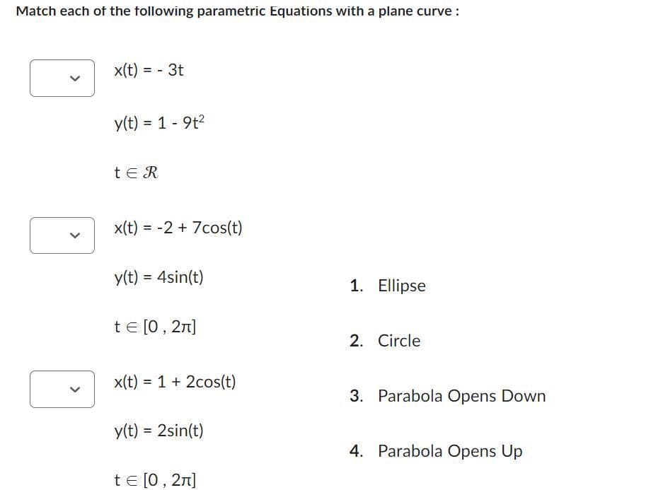 Match each of the following parametric Equations with a plane curve :
x(t) = - 3t
y(t) = 1 - 9t²
tER
x(t) = -2 + 7cos(t)
y(t) = 4sin(t)
t = [0, 2π]
x(t) = 1 + 2cos(t)
y(t) = 2sin(t)
t = [0, 2π]
1. Ellipse
2. Circle
3. Parabola Opens Down
4. Parabola Opens Up