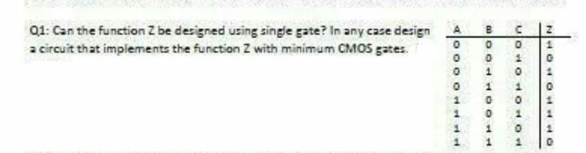 01: Can the function Z be designed using single gate? In any case design
a circuit that implements the function Z with minimum CMOS gates.
A
1.
uO o10 OH
aoo 100 14
৩ ০ ০ ০

