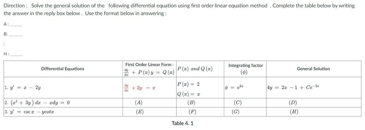 Direction: Solve the general solution of the following differential equation using first order linear equation method. Complete the table below by writing
the answer in the reply box below. Use the format below in answering :
A:
B:
:
Differential Equations
First Order Linear Form:
= Q(x)
P(x) and Q(x)
dy
da
Integrating factor
(ø)
General Solution
+ P(x) y
+ 2y = x
= e2
P(x) = 2
Q(x) = x
(A)
(B)
(C)
H:
1. y = x - 2y
2. (x + 3y) dx - xdy = 0
3. y
-
csc x - ycotx
dy
da
(E)
(F)
Table 4. 1
(G)
4y= 2x1 + Ce-2x
(D)
(H)