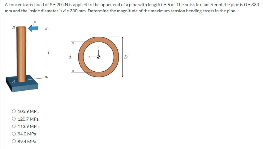 A concentrated load of P = 20 kN is applied to the upper end of a pipe with length L = 5 m. The outside diameter of the pipe is D = 330
mm and the inside diameter is d = 300 mm. Determine the magnitude of the maximum tension bending stress in the pipe.
B
A
105.9 MPa
O 120.7 MPa
O 113.9 MPa
O 94.0 MPa
89.4 MPa
L
D