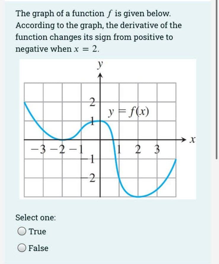 The graph of a function f is given below.
According to the graph, the derivative of the
function changes its sign from positive to
negative when x =
2.
y
y = f(x)
-3 -2 -1
2 3
Select one:
True
False
