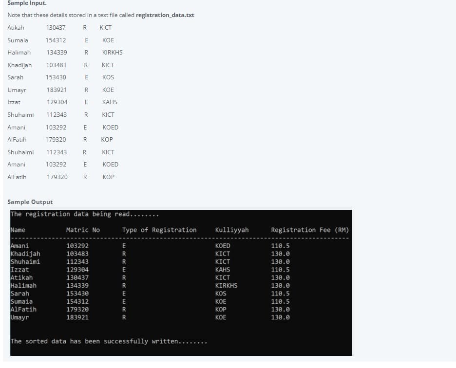 Sample Input.
Note that these details stored in a text file called registration_data.txt
Atikah
130437
R
KICT
Sumaia
154312
E
KOE
Halimah
134339
R.
KIRKHS
Khadijah
103483
R
KICT
Sarah
153430
KOS
Umayr
183921
R
KOE
Izzat
129304
E
КАHS
Shuhaimi
112343
R
KICT
Amani
103292
E
КОED
AIFatih
179320
R
КОР
Shuhaimi
112343
R.
KICT
Amani
103292
КОED
AIFatih
179320
R
КОР
Sample Output
The registration data being read....
. ..
Name
Matric No
Type of Registration
Kulliyyah
Registration Fee (RM)
Amani
Khadijah
103292
КОED
110.5
103483
KICT
130.0
Shuhaimi
112343
KICT
130.0
Izzat
Atikah
Halimah
129304
КАHS
110.5
130437
KICT
130.0
134339
KIRKHS
130.0
153430
KOS
110.5
Sarah
154312
KOE
110.5
Sumaia
AlFatih
Umayr
179320
КОР
130.0
183921
КОЕ
130.0
The sorted data has been successfully written......
WRRE RRE ERR
