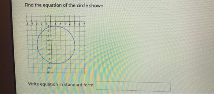 Find the equation of the circle shown.
324
+-2
-3-
-S
6.
-7
$.
1-91
10
Write equation in standard form: