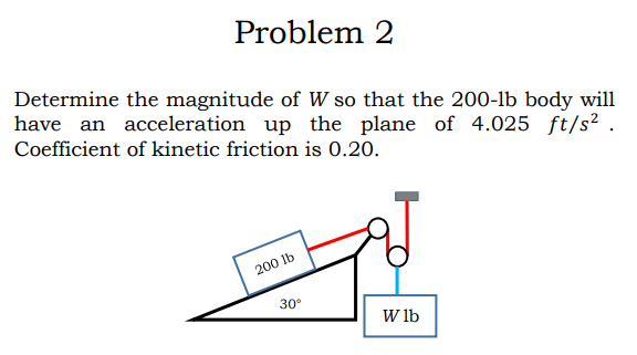 Problem 2
Determine the magnitude of W so that the 200-lb body will
have an acceleration up the plane of 4.025 ft/s² .
Coefficient of kinetic friction is 0.20.
200 lb
30°
W lb
