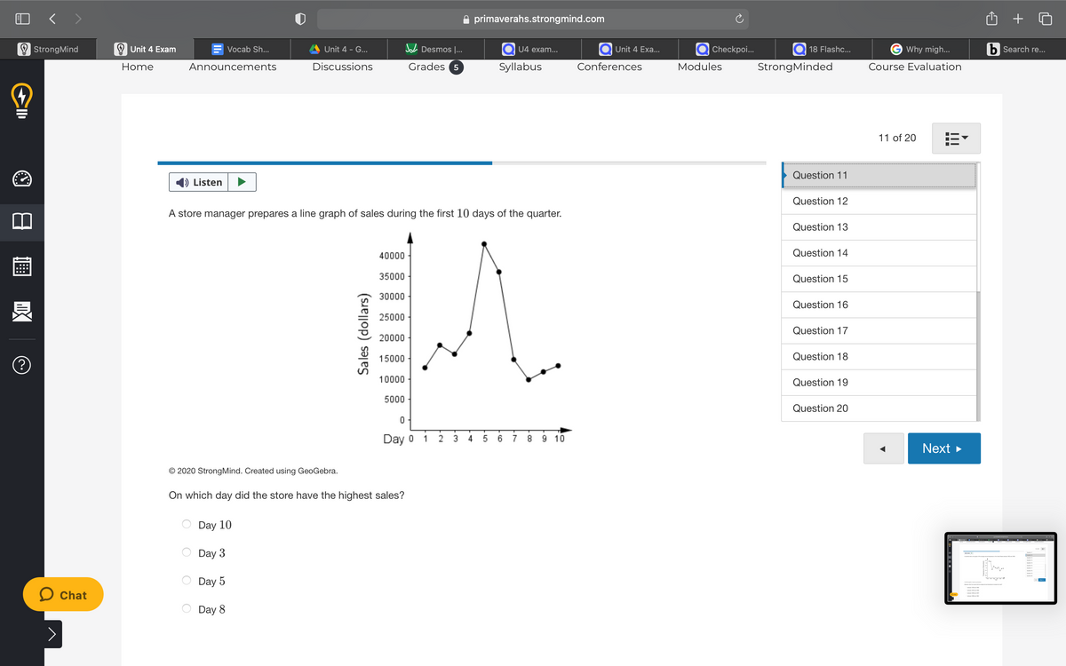 primaverahs.strongmind.com
O StrongMind
O Unit 4 Exam
Unit 4 - G...
L Desmos |...
G Why migh.
b Search re...
Vocab Sh...
U4 exam...
Unit 4 Exa...
Checkpoi...
18 Flashc...
Home
Announcements
Discussions
Grades 5
Syllabus
Conferences
Modules
StrongMinded
Course Evaluation
11 of 20
Question 11
Listen
Question 12
A store manager prepares a line graph of sales during the first 10 days of the quarter.
Question 13
40000
Question 14
35000
Question 15
30000
Question 16
25000
Question 17
20000
15000
Question 18
(?
10000
Question 19
5000
Question 20
Day o
2
3
7
9 10
1
4
6
8
Next >
© 2020 StrongMind. Created using GeoGebra.
On which day did the store have the highest sales?
Day 10
Day 3
Day 5
O Chat
Day 8
Sales (dollars)
LO
