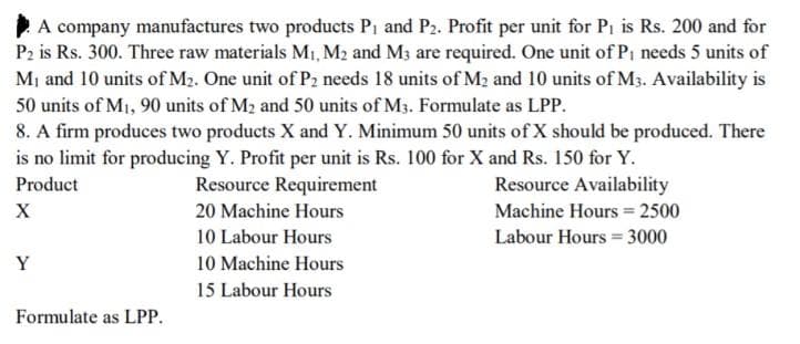 A company manufactures two products P₁ and P2. Profit per unit for P₁ is Rs. 200 and for
P2 is Rs. 300. Three raw materials M₁, M₂ and M3 are required. One unit of P₁ needs 5 units of
M₁ and 10 units of M₂. One unit of P₂ needs 18 units of M₂ and 10 units of M3. Availability is
50 units of M₁, 90 units of M₂ and 50 units of M3. Formulate as LPP.
8. A firm produces two products X and Y. Minimum 50 units of X should be produced. There
is no limit for producing Y. Profit per unit is Rs. 100 for X and Rs. 150 for Y.
Product
X
Resource Requirement
20 Machine Hours
10 Labour Hours
Resource Availability
Machine Hours = 2500
Labour Hours = 3000
Y
10 Machine Hours
15 Labour Hours
Formulate as LPP.