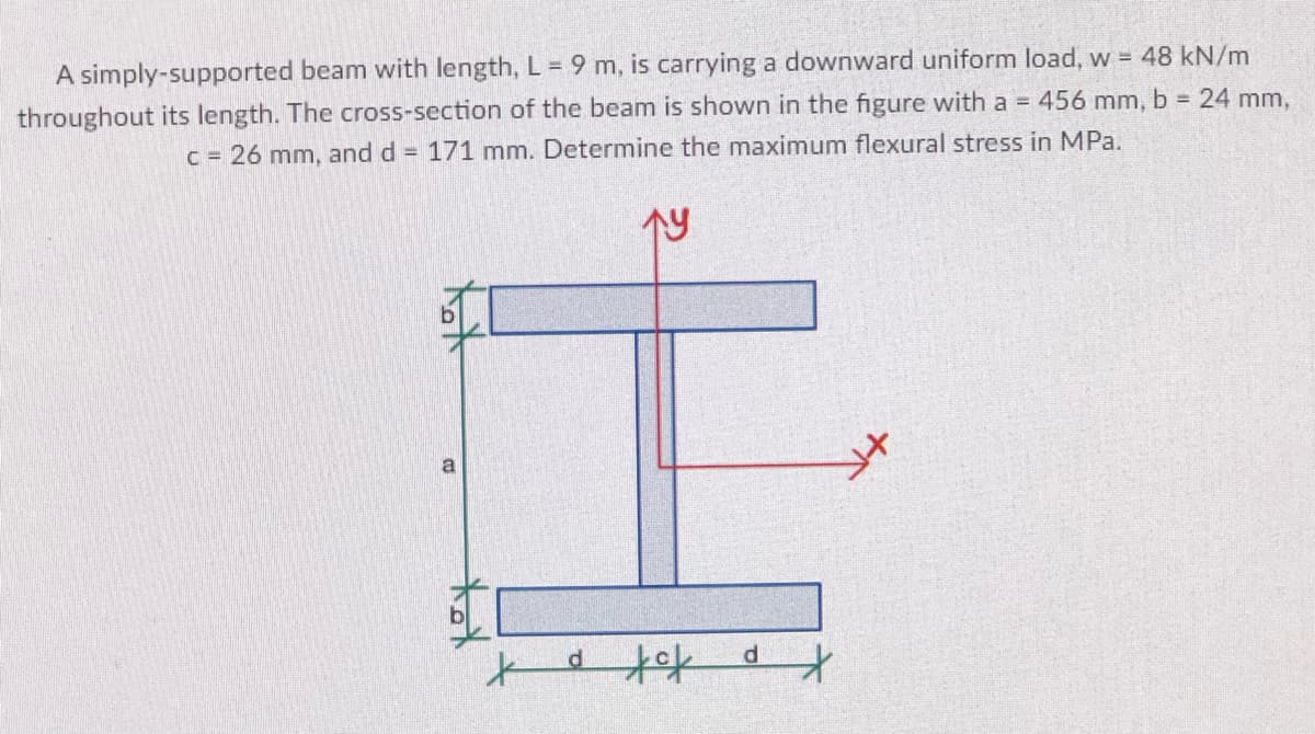 A simply-supported beam with length, L = 9 m, is carrying a downward uniform load, w = 48 kN/m
throughout its length. The cross-section of the beam is shown in the figure with a = 456 mm, b = 24 mm,
c = 26 mm, and d = 171 mm. Determine the maximum flexural stress in MPa.
Ty
d
tok
d
