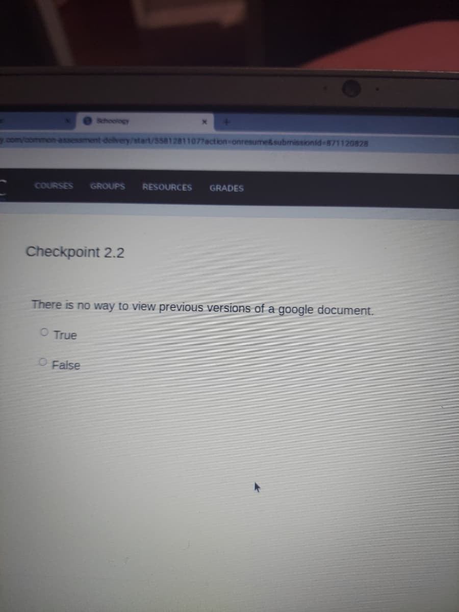 y.com/common-assessment-delivery/start/55812811077action-onresume&submissionid-871120828
GRADES
COURSES GROUPS RESOURCES
Checkpoint 2.2
There is no way to view previous versions of a google document.
O True
O False