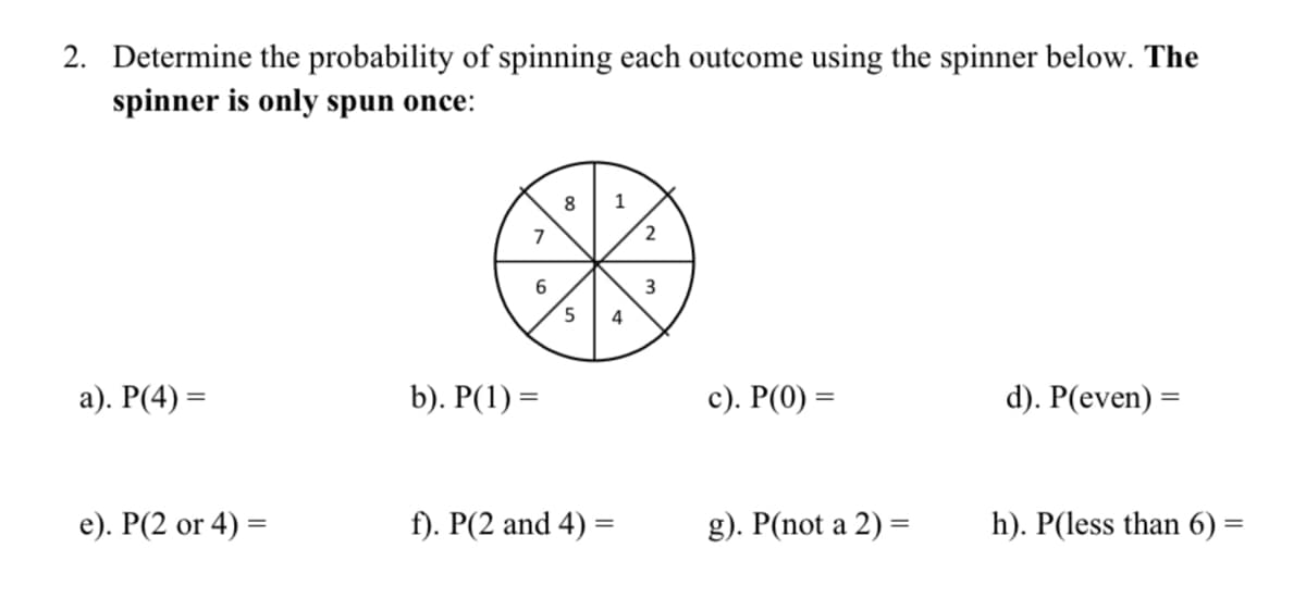 2. Determine the probability of spinning each outcome using the spinner below. The
spinner is only spun once:
8
1
5
4
а). Р(4) %3D
b). P(1) =
с). Р() %3D
d). P(even) =
e). Р(2 or 4) %3D
f). P(2 and 4) =
g). P(not a 2) =
h). P(less than 6) =
