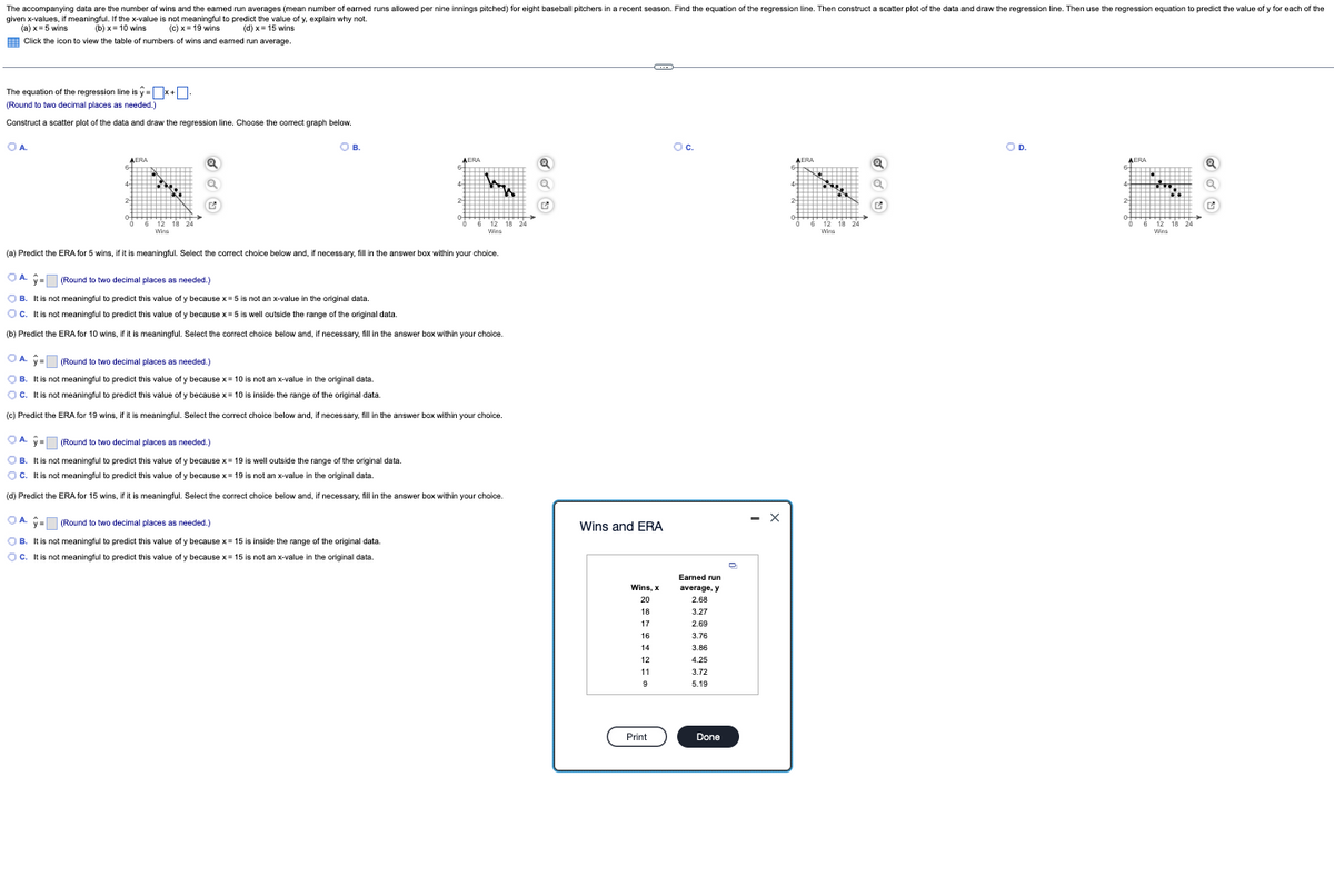 The accompanying data are the number of wins and the eamed run averages (mean number of earned runs allowed per nine innings pitched) for eight baseball pitchers in a recent season. Find the equation of the regression line. Then construct a scatter plot of the data and draw the regression line. Then use the regression equation to predict the value of y for each of the
given x-values, if meaningful. If the x-value is not meaningful to predict the value of y, explain why not.
(a) x=5 wins
(b) x= 10 wins (c) x= 19 wins (d) x= 15 wins
E Click the icon to view the table of numbers of wins and eamed run average.
The equation of the regression line is y-x+O
(Round to two decimal places as needed.)
Construct a scatter plot of the data and draw the regression line. Choose the correct graph below.
OA.
OB.
В.
Oc.
D.
AERA
AERA
AERA
AERA
4-
4-
4-
4-
2
2-
2-
2-
12 18 24
6 12
18 24
12 18 24
12 18 24
Wina
Wins
Wina
Wins
(a) Predict the ERA for 5 wins, if it is meaningful. Select the correct choice below and, if necessary, fill in the answer box within your choice.
OA. y-
|(Round to two decimal places as needed.)
OB. It is not meaningful to predict this value of y because x=5 is not an x-value in the original data.
OC. It is not meaningful to predict this value of y because x=5 is well outside the range of the original data.
(b) Predict the ERA for 10 wins, if it is meaningful. Select the correct choice below and, if necessary, fill in the answer box within your choice.
OA. y
A. ý-
| (Round to two decimal places as needed.)
OB. It is not meaningful to predict this value of y because x= 10 is not an x-value in the original data.
O
c. It is not meaningful to predict this value of y because x= 10 is inside the range of the original data.
(c) Predict the ERA for 19 wins, if it is meaningful. Select the correct choice below and, if necessary, fill in the answer box within your choice.
OA. y= (Round to two decimal places as needed.)
OB. It is not meaningful to predict this value of y because x= 19 is well outside the range of the original data.
OC. It is not meaningful to predict this value of y because x= 19 is not an x-value in the original data.
(d) Predict the ERA for 15 wins, if it is meaningful. Select the correct choice below and, if necessary, fill in the answer box within your choice.
OA. y=
| (Round to two decimal places as needed.)
Wins and ERA
O B. It is not meaningful to predict this value of y because x= 15 is inside the range of the original data.
OC. It is not meaningful to predict this value of y because x= 15 is not an x-value in the original data.
Earned run
Wins, x
average, y
20
2.68
18
3.27
17
2.69
16
3.76
14
3.86
12
4.25
11
3.72
5.19
Print
Done
