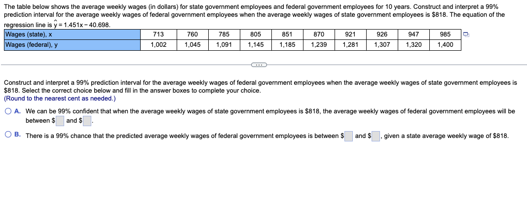 The table below shows the average weekly wages (in dollars) for state government employees and federal government employees for 10 years. Construct and interpret a 99%
prediction interval for the average weekly wages of federal government employees when the average weekly wages of state government employees is $818. The equation of the
regression line is y = 1.451x - 40.698.
Wages (state), x
Wages (federal), y
713
760
785
805
851
870
921
926
947
985
1,002
1,045
1,091
1,145
1,185
1,239
1,281
1,307
1,320
1,400
Construct and interpret a 99% prediction interval for the average weekly wages of federal government employees when the average weekly wages of state government employees is
$818. Select the correct choice below and fill in the answer boxes to complete your choice.
(Round to the nearest cent as needed.)
O A. We can be 99% confident that when the average weekly wages of state government employees is $818, the average weekly wages of federal government employees will be
between $
and $
O B. There is a 99% chance that the predicted average weekly wages of federal government employees is between $
and $
given a state average weekly wage of $818.

