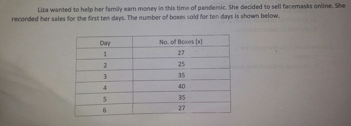 Liza wanted to help her family earn money in this time of pandemic. She decided to sell facemasks online. She
recorded her sales for the first ten days. The number of boxes sold for ten days is shown below.
Day
No. of Boxes (x)
27
25
35
40
35
27
2.
3.
4.
56
