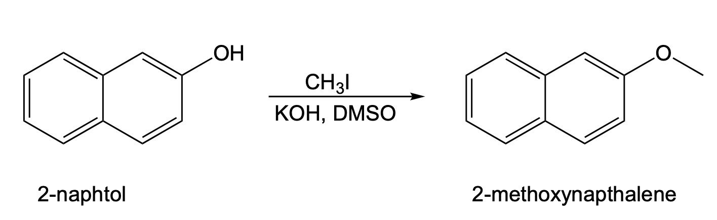 HO
CH3I
КОН, DMSO
2-naphtol
2-methoxynapthalene
