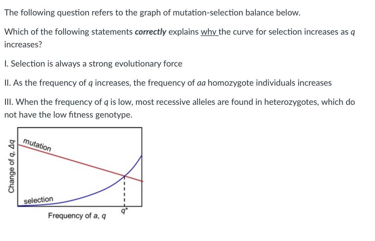The following question refers to the graph of mutation-selection balance below.
Which of the following statements correctly explains why the curve for selection increases as q
increases?
1. Selection is always a strong evolutionary force
II. As the frequency of q increases, the frequency of aa homozygote individuals increases
III. When the frequency of q is low, most recessive alleles are found in heterozygotes, which do
not have the low fitness genotype.
Change of q, Aq
mutation
selection
Frequency of a, q