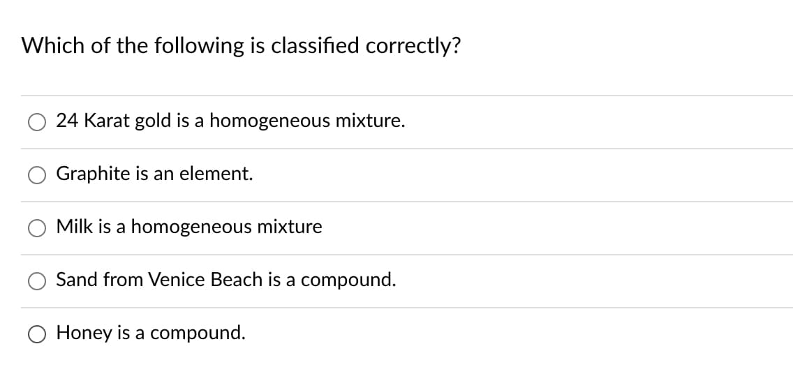 Which of the following
classified correctly?
24 Karat gold is a homogeneous mixture.
Graphite is an element.
Milk is a homogeneous mixture
Sand from Venice Beach is a compound.
O Honey is a compound.
