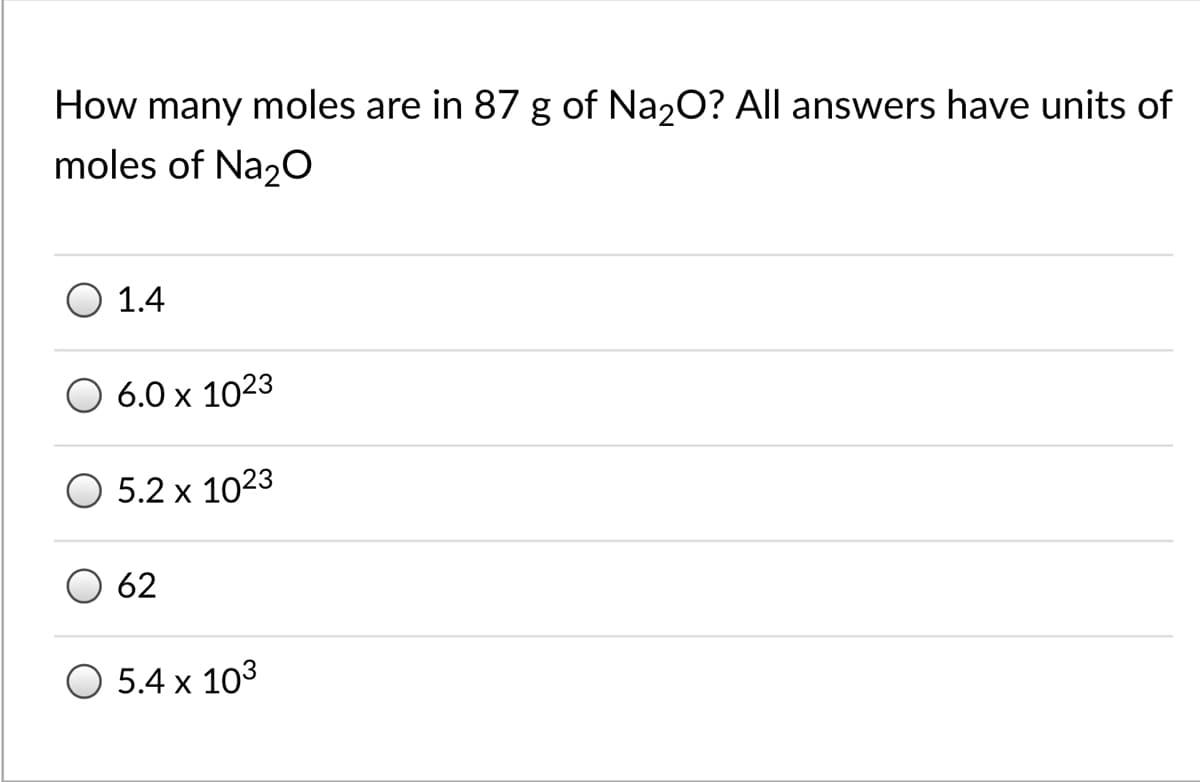 How many moles are in 87 g of Na20? All answers have units of
moles of Na2O
O 1.4
6.0 x 1023
O 5.2 x 1023
62
5.4 x 103
