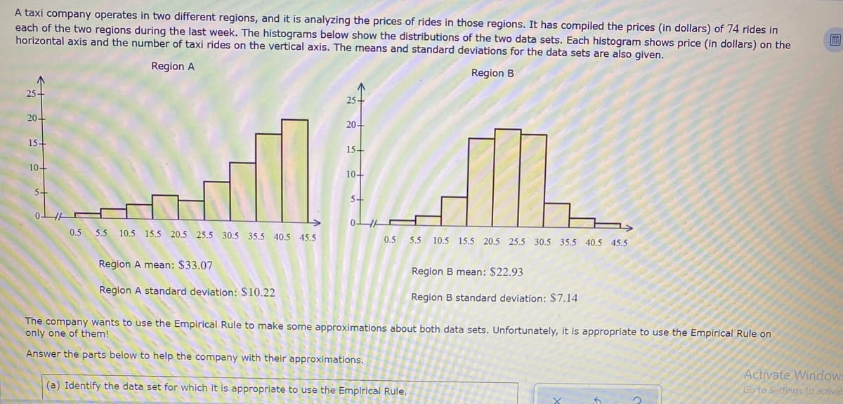 A taxi company operates in two different regions, and it is analyzing the prices of rides in those regions. It has compiled the prices (in dollars) of 74 rides in
each of the two regions during the last week. The histograms below show the distributions of the two data sets. Each histogram shows price (in dollars) on the
horizontal axis and the number of taxi rides on the vertical axis. The means and standard deviations for the data sets are also given.
Region A
Region B
25-
25+
20-
20-
15-
15-
10-
10-
5-
5-
0.5
5.5 10.5 15,5 20.5 25.5 30.5 35.5 40.5
45.5
0.5 5.5 10.5 15.5 20.5 25.5 30.5 35.5 40.5 45.5
Region A mean: $33.07
Region B mean: $22.93
Region A standard deviation: $10.22
Region B standard deviation: $7.14
The company wants to use the Empirical Rule to make some approximations about both data sets. Unfortunately, it is appropriate to use the Empirical Rule on
only one of them!
Answer the parts below to help the company with their approximations.
Activate Window
Go to Settings to activat
(a) Identify the data set for which it is appropriate to use the Empirical Rule.
