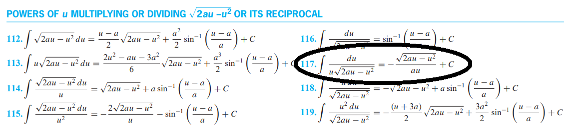 POWERS OF u MULTIPLYING OR DIVIDING V2au -u² OR ITS RECIPROCAL
и — а
a?
и — а
du
112.
У2аи — и? dи —
У2аи — и2 +
sin-
+C
116.
= sin-
2
a
2u? - аи — 3а?
a
sin-
V2au
u?
+C
и — а
du
113.
и/2аи — и2 du —
/2au — и? +
+(117.
6
a
u/2au – u?
au
V2аи — и? du
1 — а
-1
114.
— 2аи — и? +asin
n-1
+C
118.
— —у 2аи — и? +a sin
+ C
2аи — и?
и? du
a
2/2аи — и?
sin
За?
sin-
2
V2au — и? du
(и + За)
V2аи — и? +
2
115.
-1
119.
+ C
-
u?
2аи — и?
