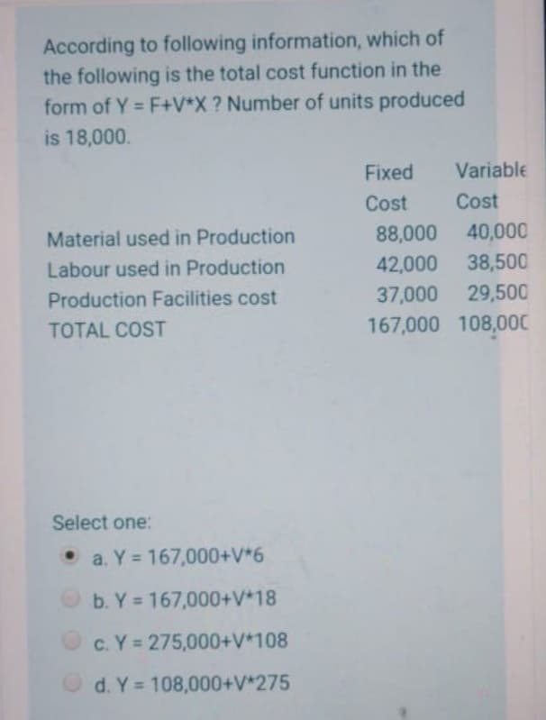 According to following information, which of
the following is the total cost function in the
form of Y = F+V*X? Number of units produced
%3D
is 18,000.
Fixed
Variable
Cost
Cost
Material used in Production
88,000
40,000
Labour used in Production
42,000
38,500
Production Facilities cost
37,000
29,500
TOTAL COST
167,000 108,000
Select one:
• a. Y = 167,000+V*6
%3D
b. Y = 167,000+V*18
c. Y = 275,000+V*108
d. Y 108,000+V*275
%3D
