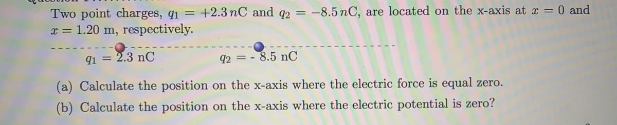Two point charges, q1 = +2.3 nC and q2 = -8.5 nC, are located on the x-axis at x = 0 and
x = 1.20 m, respectively.
91 = 2.3 nC
q2 = - 8.5 nC
(a) Calculate the position on the x-axis where the electric force is equal zero.
(b) Calculate the position on the x-axis where the electric potential is zero?
