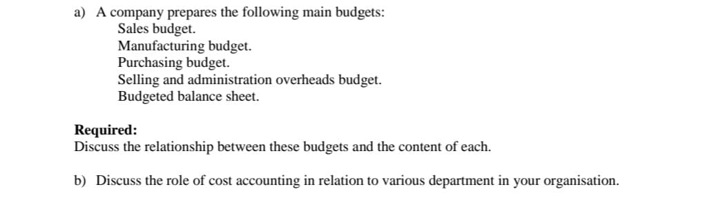 a) A company prepares the following main budgets:
Sales budget.
Manufacturing budget.
Purchasing budget.
Selling and administration overheads budget.
Budgeted balance sheet.
Required:
Discuss the relationship between these budgets and the content of each.
b) Discuss the role of cost accounting in relation to various department in your organisation.