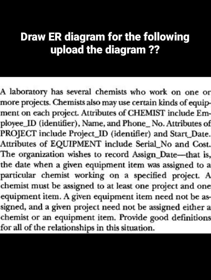 Draw ER diagram for the following
upload the diagram ??
A laboratory has several chemists who work on one or
more projects. Chemists also may use certain kinds of equip-
ment on each project. Attributes of CHEMIST include Em-
ployee_ID (identifier), Name, and Phone_No. Attributes of
PROJECT include Project ID (identifier) and Start_Date.
Attributes of EQUIPMENT include Serial_No and Cost.
The organization wishes to record Assign_Date-that is,
the date when a given equipment item was assigned to a
particular chemist working on a specified project. A.
chemist must be assigned to at least one project and one
equipment item. A given equipment item need not be as-
signed, and a given project need not be assigned either a
chemist or an equipment item. Provide good definitions
for all of the relationships in this situation.
