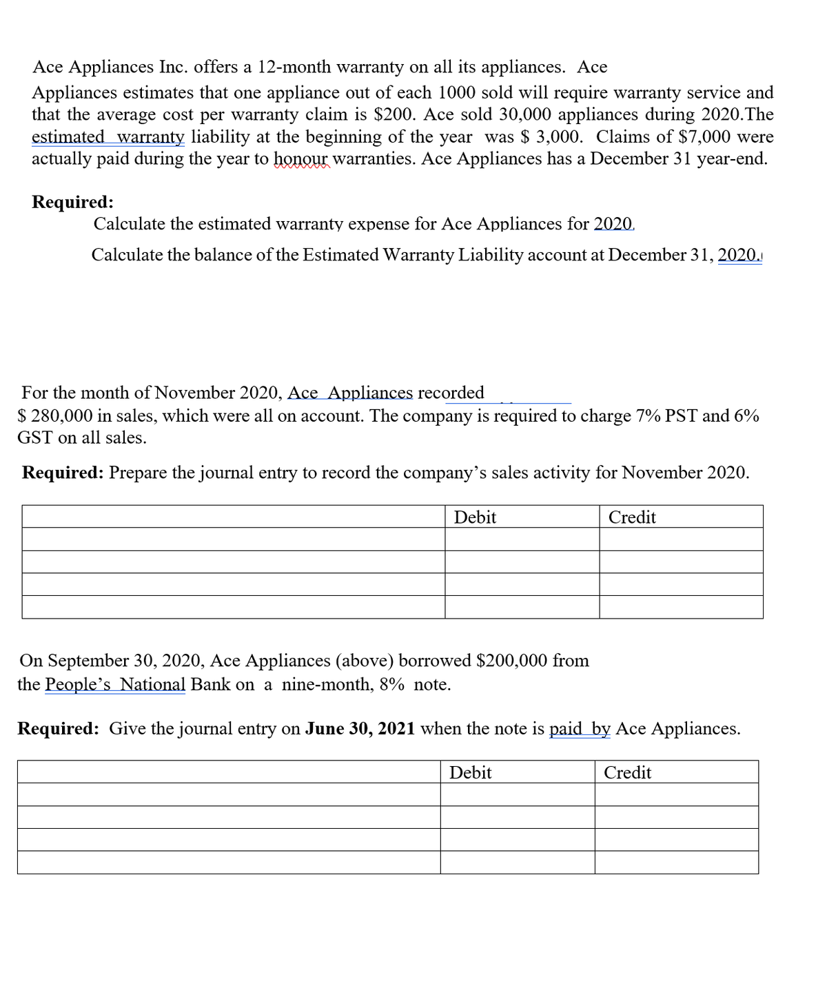 Ace Appliances Inc. offers a 12-month warranty on all its appliances. Ace
Appliances estimates that one appliance out of each 1000 sold will require warranty service and
that the average cost per warranty claim is $200. Ace sold 30,000 appliances during 2020.The
estimated warranty liability at the beginning of the year was $ 3,000. Claims of $7,000 were
actually paid during the year to honour warranties. Ace Appliances has a December 31 year-end.
Required:
Calculate the estimated warranty expense for Ace Appliances for 2020.
Calculate the balance of the Estimated Warranty Liability account at December 31, 2020.
For the month of November 2020, Ace Appliances recorded
$ 280,000 in sales, which were all on account. The company is required to charge 7% PST and 6%
GST on all sales.
Required: Prepare the journal entry to record the company's sales activity for November 2020.
Debit
Credit
On September 30, 2020, Ace Appliances (above) borrowed $200,000 from
the People's National Bank on a nine-month, 8% note.
Required: Give the journal entry on June 30, 2021 when the note is paid by Ace Appliances.
Debit
Credit
