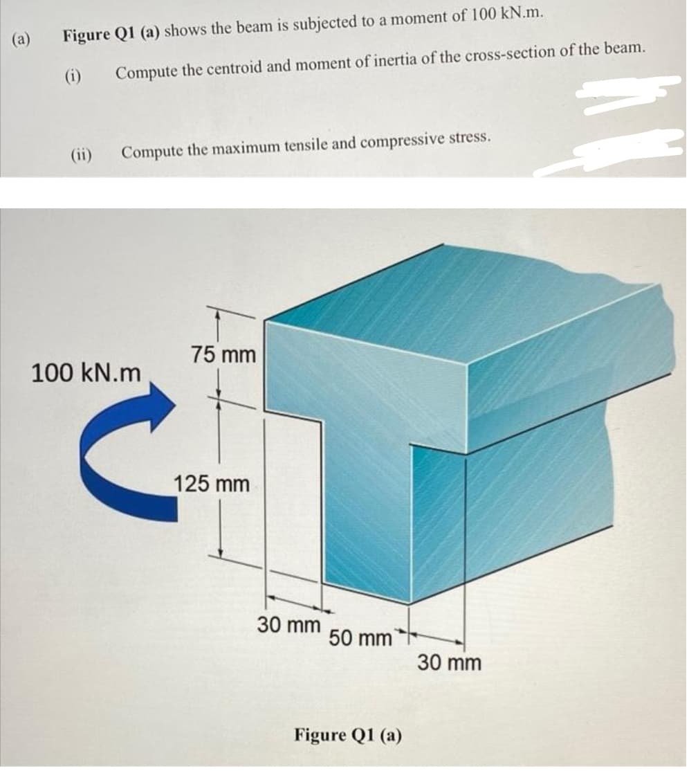 (a)
Figure Q1 (a) shows the beam is subjected to a moment of 100 kN.m.
(i) Compute the centroid and moment of inertia of the cross-section of the beam.
(ii) Compute the maximum tensile and compressive stress.
100 kN.m
75 mm
125 mm
30 mm
50 mm
Figure Q1 (a)
30 mm