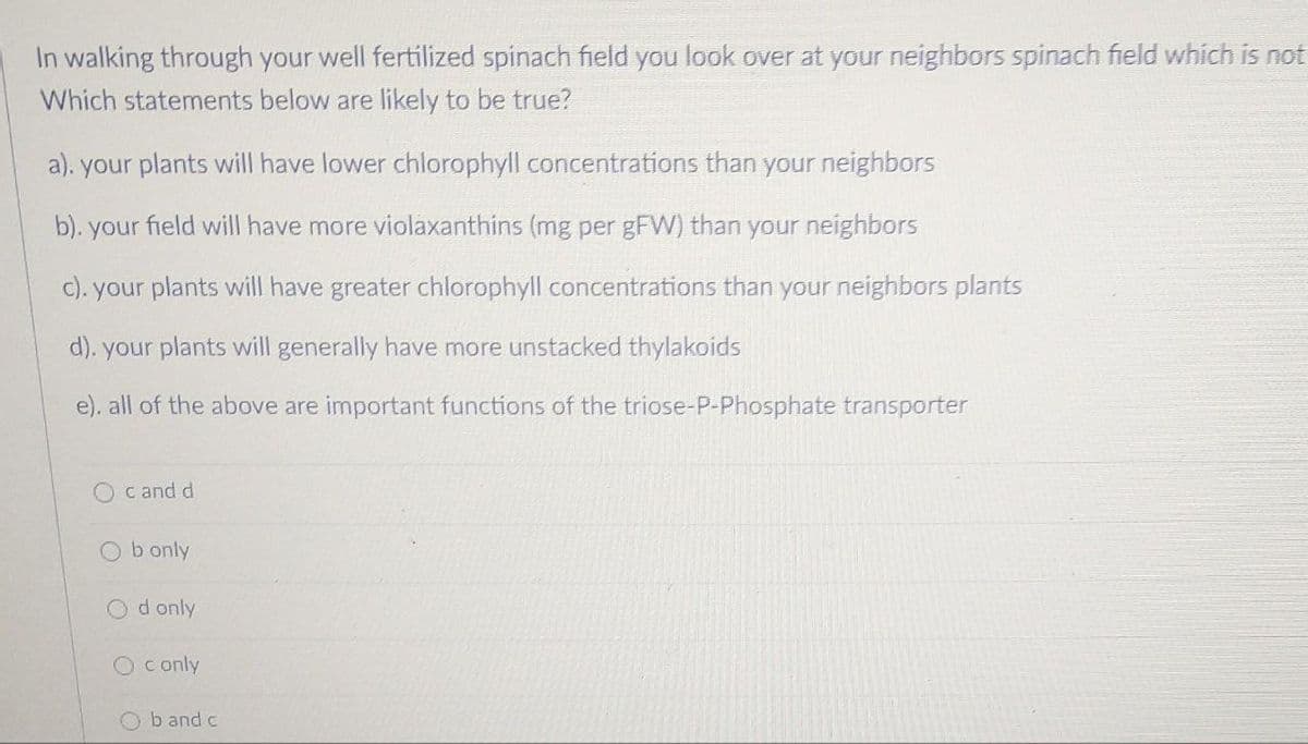 In walking through your well fertilized spinach field you look over at your neighbors spinach field which is not
Which statements below are likely to be true?
a). your plants will have lower chlorophyll concentrations than your neighbors
b). your field will have more violaxanthins (mg per gFW) than your neighbors
c). your plants will have greater chlorophyll concentrations than your neighbors plants
d). your plants will generally have more unstacked thylakoids
e), all of the above are important functions of the triose-P-Phosphate transporter
O c and d
Ob only
O d only
O c only
Oband c

