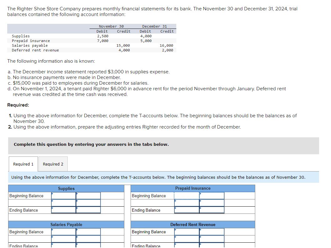 The Righter Shoe Store Company prepares monthly financial statements for its bank. The November 30 and December 31, 2024, trial
balances contained the following account information:
Supplies
Prepaid insurance
Salaries payable
Deferred rent revenue
Complete this question by entering
Required 1 Required 2
Beginning Balance
Ending Balance
November 30
The following information also is known:
a. The December income statement reported $3,000 in supplies expense.
b. No insurance payments were made in December.
c. $15,000 was paid to employees during December for salaries.
Beginning Balance
Debit
2,500
7,000
d. On November 1, 2024, a tenant paid Righter $6,000 in advance rent for the period November through January. Deferred rent
revenue was credited at the time cash was received.
Ending Balance
Credit
Required:
1. Using the above information for December, complete the T-accounts below. The beginning balances should be the balances as of
November 30.
2. Using the above information, prepare the adjusting entries Righter recorded for the month of December.
Supplies
15,000
4,000
Salaries Payable
December 31
Debit
4,000
5,000
Credit
Using the above information for December, complete the T-accounts below. The beginning balances should be the balances as of November 30.
Prepaid Insurance
16,000
2,000
answers in the tabs below.
Beginning Balance
Ending Balance
Beginning Balance
Ending Balance
Deferred Rent Revenue