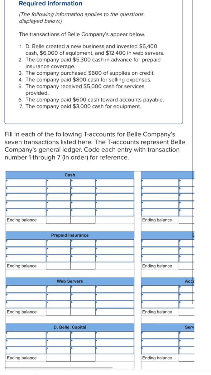 Required information
[The following information applies to the questions
displayed below.]
The transactions of Belle Company's appear below.
1. D. Belle created a new business and invested $6,400O
cash, $6,000 of equipment, and $12,400 in web servers.
2. The company paid $5,300 cash in advance for prepaid
insurance coverage.
3. The company purchased $600 of supplies on credit.
4. The company paid $800 cash for selling expenses.
5. The company received $5,000 cash for services
provided.
6. The company paid $600 cash toward accounts payable.
7. The company paid $3,000 cash for equipment.
Fill in each of the following T-accounts for Belle Company's
seven transactions listed here. The T-accounts represent Belle
Company's general ledger. Code each entry with transaction
number 1 through 7 (in order) for reference.
Cash
Ending balance
Ending balance
Prepaid Insurance
Ending balance
Ending balance
Web Servers
Ac
Ending balance
Ending balance
D. Belle, Capital
Serv
Ending balance
Ending balance
