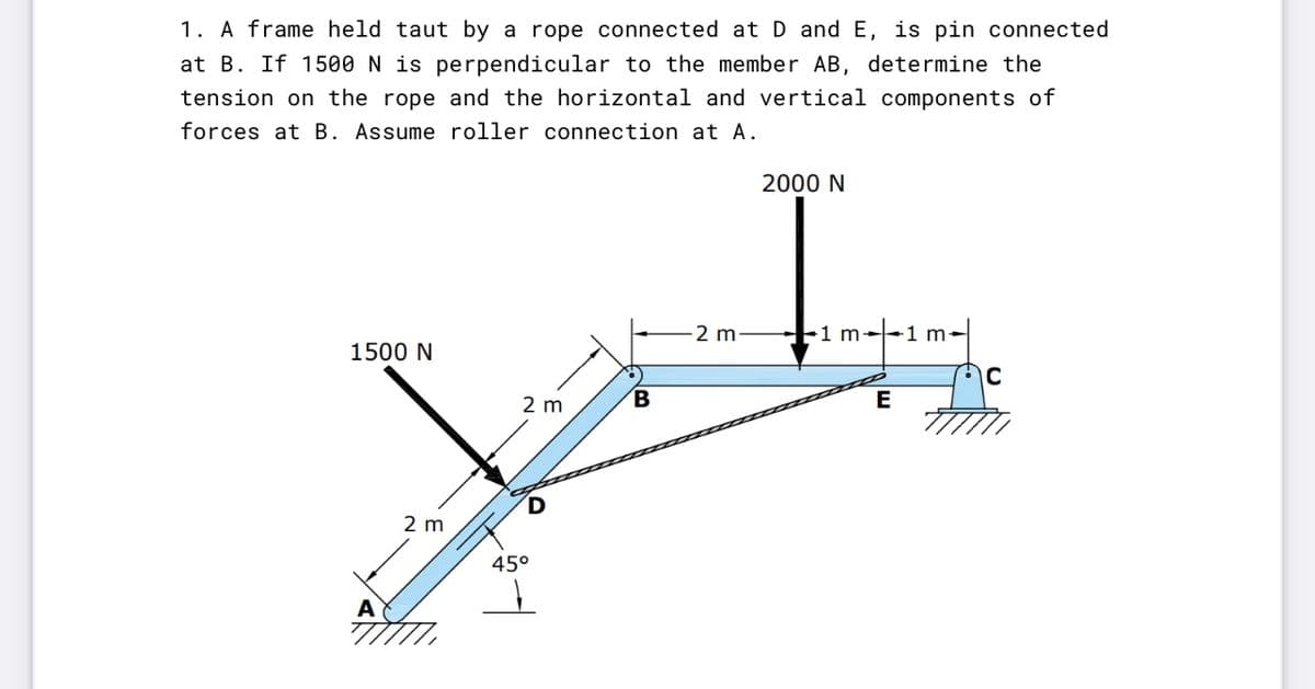 1. A frame held taut by a rope connected at D and E, is pin connected
at B. If 1500 N is perpendicular to the member AB, determine the
tension on the rope and the horizontal and vertical components of
forces at B. Assume roller connection at A.
2000 N
2 m
Fim--1 m-
1500 N
2 m
2 m
45°
A
