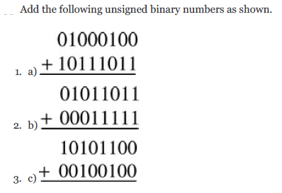 Add the following unsigned binary numbers as shown.
01000100
+ 10111011
1. a)
01011011
+
00011111
2. b)
10101100
3. c)± 00100100
