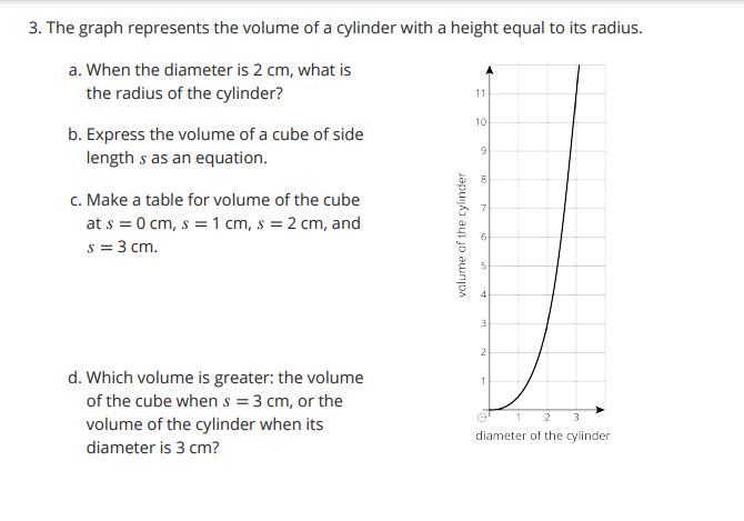 3. The graph represents the volume of a cylinder with a height equal to its radius.
a. When the diameter is 2 cm, what is
the radius of the cylinder?
11
10
b. Express the volume of a cube of side
length s as an equation.
c. Make a table for volume of the cube
at s = 0 cm, s = 1 cm, s = 2 cm, and
s = 3 cm.
4
d. Which volume is greater: the volume
of the cube when s = 3 cm, or the
1 2 3
volume of the cylinder when its
diameter of the cylinder
diameter is 3 cm?
volume of the cylinder
