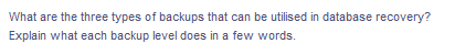 What are the three types of backups that can be utilised in database recovery?
Explain what each backup level does in a few words.
