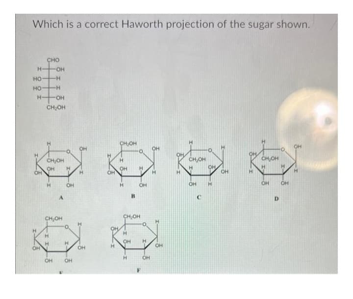 Which is a correct Haworth projection of the sugar shown.
Н
НО
НО
H
OH
OH
CHO
-OH
-H
-H
-он
CH₂OH
CH₂OH
OH H
Н
A
CH₂OH
OH
OH
OH
OH
H
OH
ОН
H
CH₂OH
OH
H
B
H
OH
H
H
CH₂OH
ОН
H
OH
OH
H
OH
ОН
H
CH OH
H
OH
OH Н
OH
H
H
CH₂OH
OH
D
H
OH
H