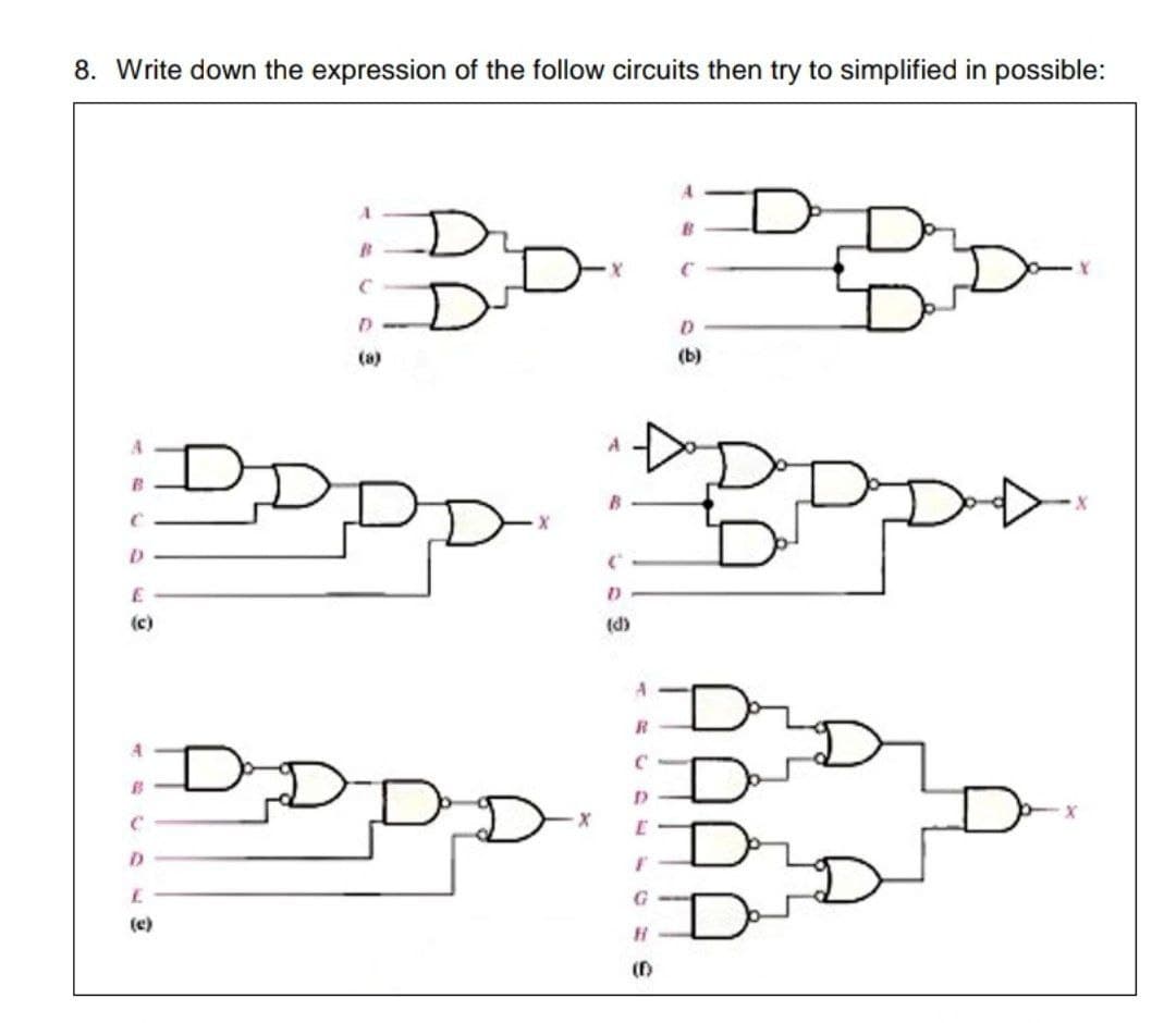 8. Write down the expression of the follow circuits then try to simplified in possible:
D
(8)
(b)
DDD-
(c)
(d)
E.
G
(c)
(f)
