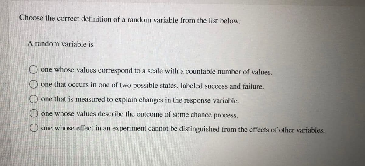 Choose the correct definition of a random variable from the list below.
A random variable is
one whose values correspond to a scale with a countable number of values.
one that occurs in one of two possible states, labeled success and failure.
one that is measured to explain changes in the response variable.
one whose values describe the outcome of some chance process.
O one whose effect in an experiment cannot be distinguished from the effects of other variables.

