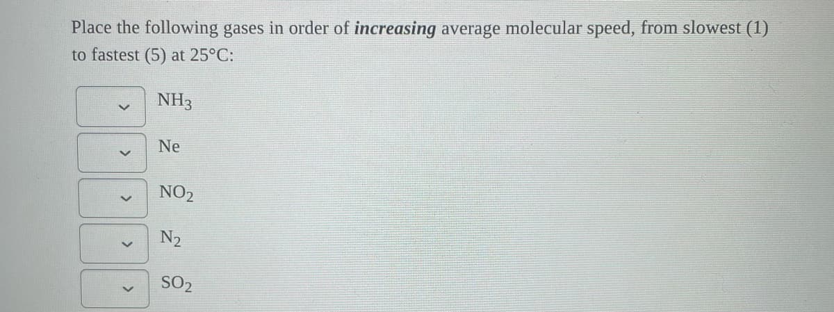 Place the following gases in order of increasing average molecular speed, from slowest (1)
to fastest (5) at 25°C:
NH3
<
>
>
>
Ne
NO2
N₂
SO₂