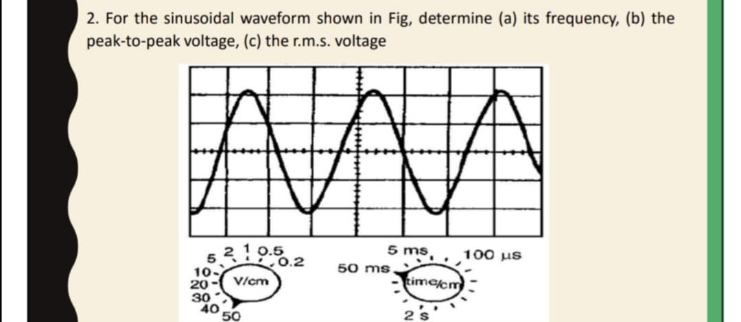 2. For the sinusoidal waveform shown in Fig, determine (a) its frequency, (b) the
peak-to-peak voltage, (c) the r.m.s. voltage
52190.2
5 ms,
0.5
100 us
10
50 ms.
V/cm
timecm
20
30
40
50
