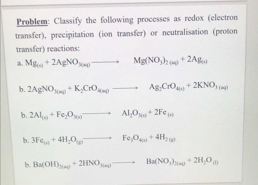Problem: Classify the following processes as redox (electron
transfer), precipitation (ion transfer) or neutralisation (proton
transfer) reactions:
a. Mg + 2A9N03(aq)'
Mg(NO3)2 (aq) + 2Ag()
b. 2AgNO3(aq)
+ K½CrO4(aq)
Ag,CrO46) + 2KNO3 (aq)
b. 2Al + Fe,O3(9)
Al,O3(6) + 2Fe (s)
b. 3Fe + 4H,Oe)
Fe,O46) + 4H2 (g)
4(s)
Ba(NO3)2(aq) + 2H,0 ()
b. Ba(OH)2(a9) + 2HNO
3(aq)
