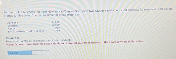 Jordan took a business trip from New York to Denver. She spent two days in travel, conducted business for nine days, and visited
friends for five days. She incurred the following expenses:
Airfare
$ 580
Lodging
3,800
Meals
950
Entertainment of clients
760
Required:
How much of these expenses can Jordan deduct?
Note: Do not round intermediate calculations. Round your final answer to the nearest whole dollar value.
Deduction