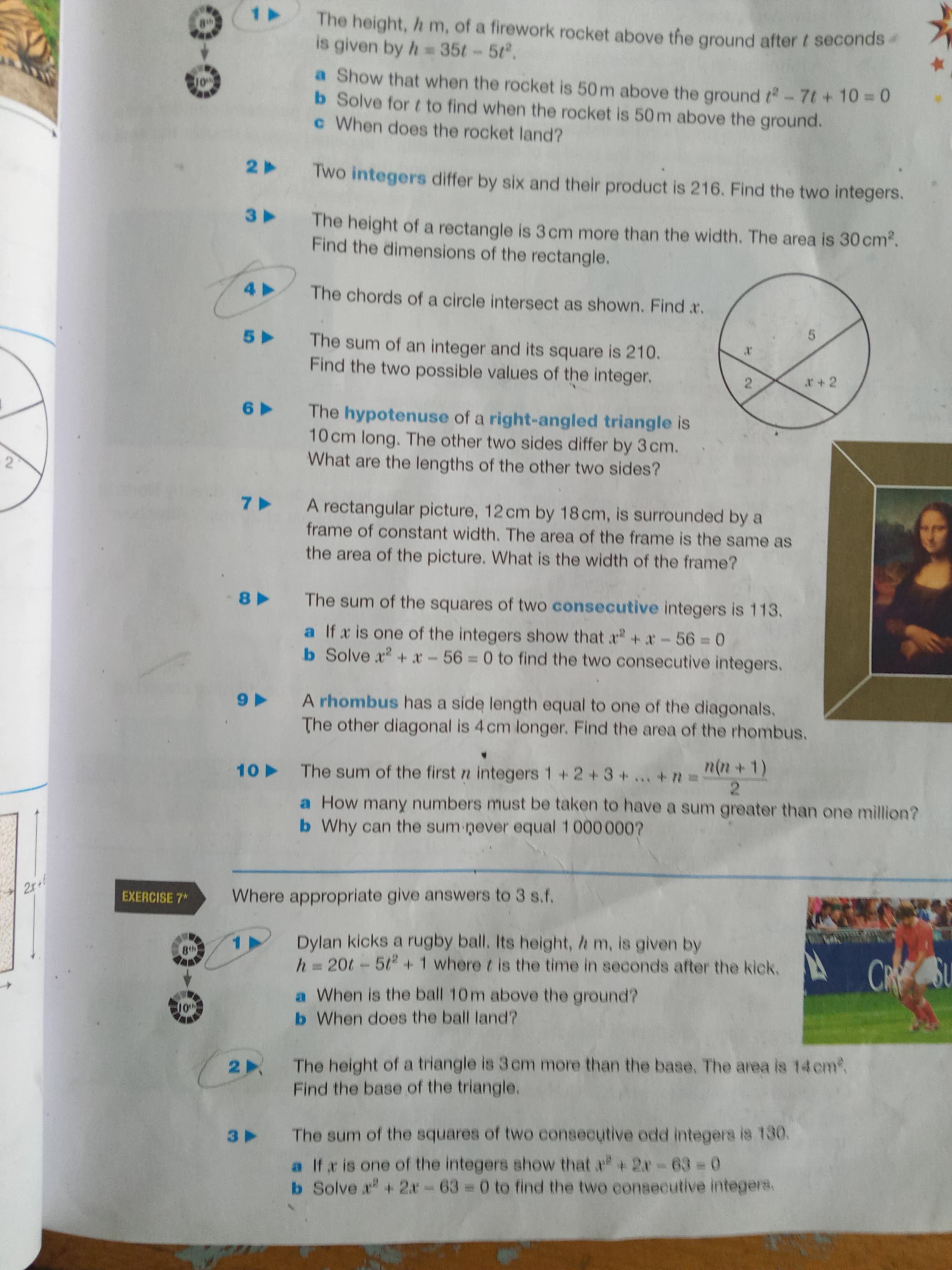 The height, h m, of a firework rocket above the ground after t seconds
is given by h= 35t-5t.
a Show that when the rocket is 50m above the ground -7t+10 =0
b Solve for t to find when the rocket is 50m above the ground.
c When does the rocket land?
2 ►
Two integers diffor hu
