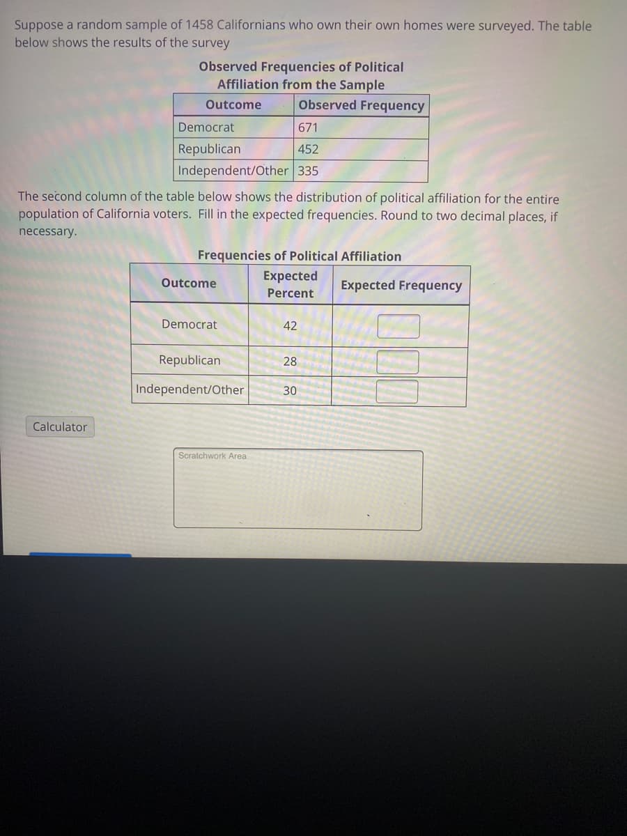 Suppose a random sample of 1458 Californians who own their own homes were surveyed. The table
below shows the results of the survey
Observed Frequencies of Political
Affiliation from the Sample
Outcome
Observed Frequency
Democrat
671
Republican
452
Independent/Other 335
The second column of the table below shows the distribution of political affiliation for the entire
population of California voters. Fill in the expected frequencies. Round to two decimal places, if
necessary.
Frequencies of Political Affiliation
Expected
Outcome
Expected Frequency
Percent
Democrat
42
Republican
28
Independent/Other
30
Calculator
Scratchwork Area
