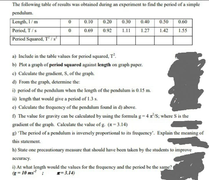 The following table of results was obtained during an experiment to find the period of a simple
pendulum.
Length, 1/m
0.10
0.20
0.30
0.40
0.50
0.60
Period, T/s
0.69
0.92
1.11
1.27
1.42
1.55
Period Squared, T7s
a) Include in the table values for period squared, T.
b) Plot a graph of period squared against length on graph paper.
c) Calculate the gradient, S, of the graph.
d) From the graph, determine the:
i) period of the pendulum when the length of the pendulum is 0.15 m.
ii) length that would give a period of 1.3 s.
e) Calculate the frequency of the pendulum found in d) above.
) The value for gravity can be calculated by using the formula g= 4 x/S; where S is the
gradient of the graph. Calculate the value of g. (a= 3.14)
g) The period of a pendulum is inversely proportional to its frequency'. Explain the meaning of
this statement.
h) State one precautionary measure that should have been taken by the students to improve
accuracy.
i) At what length would the values for the frequency and the period be the same?
(g = 10 ms ;
*= 3.14)
